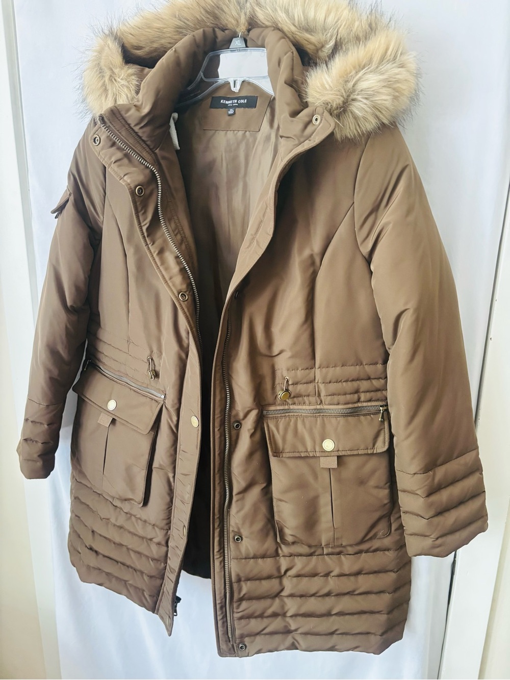 Down Fill Parka Faux Fur Hood Utility Coat Brown XL